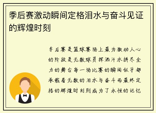 季后赛激动瞬间定格泪水与奋斗见证的辉煌时刻