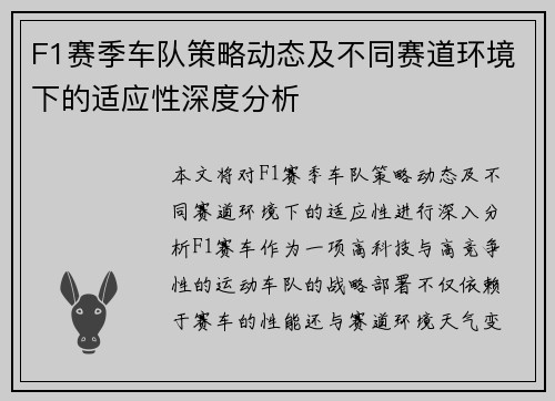 F1赛季车队策略动态及不同赛道环境下的适应性深度分析