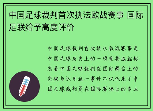 中国足球裁判首次执法欧战赛事 国际足联给予高度评价